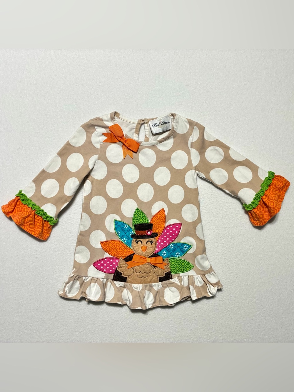 Rare Editions Girls Size 5 Long Sleeve Polka Dot Turkey Applique A-Line Dress